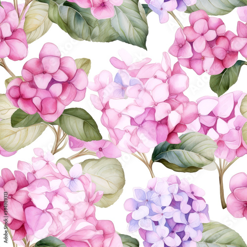 Seamless watercolor pattern with pink purple hydrangea and leaves. Floral pattern for wallpaper or fabric. White background. Botanical tile. Generative AI