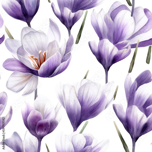 Seamless watercolor pattern with purple crocuses and leaves. Floral pattern for wallpaper or fabric. White background. Botanical tile. Generative AI