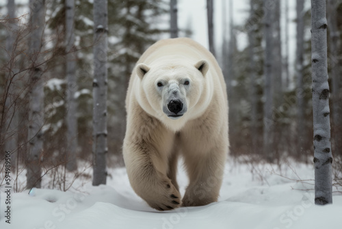 Oso polar caminando sobre la nieve sobre fondo de bosque helado photo