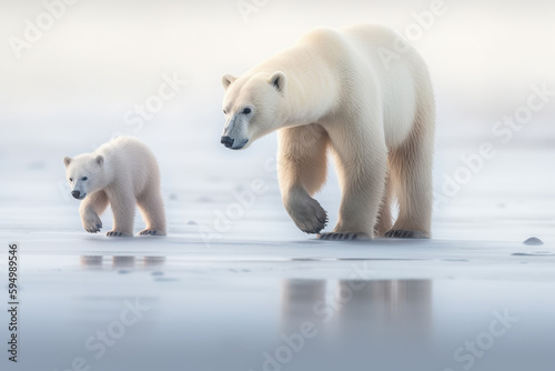 Osa y osezno polares caminando entre el hielo y nieve , sobre fondo de paisaje helado photo