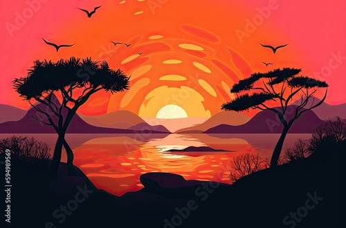 Orange sunset landscape. Evening on the beach with palm trees. Generative AI