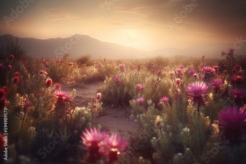 Amazing sunset over a beautiful landscape covered of flowers. Generative AI