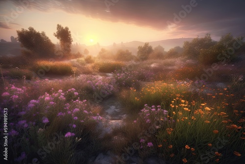 Amazing sunset over a beautiful landscape covered of flowers. Generative AI