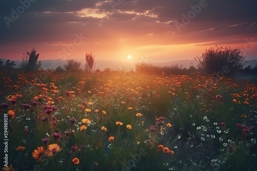 Amazing sunset over a beautiful landscape covered of flowers. Generative AI