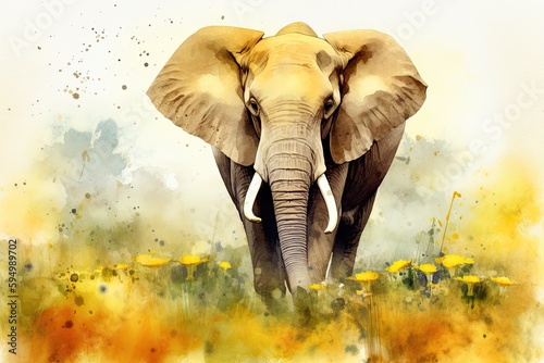 Adult elephant walking on a field of daisies. Generative AI