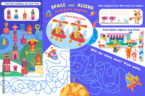 Space activity poster. Puzzles, maze, find differences, write numbers. Color page. Games for kids of preschool. Cute cartoon characters. Vector illustration. 