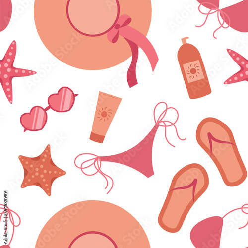 Seamless pattern with summer beach elements isolated on white background.