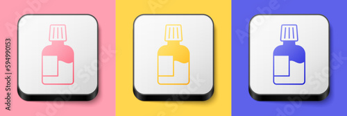 Isometric Mouthwash plastic bottle icon isolated on pink, yellow and blue background. Liquid for rinsing mouth. Oralcare equipment. Square button. Vector