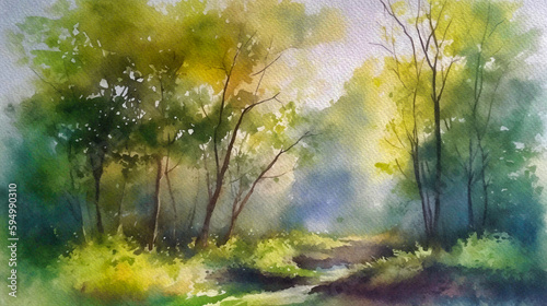 Watercolor painting of a tree, landscape with trees, morning in the forest