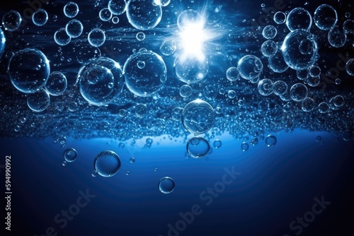 bubbles floating in blue water. Generative AI