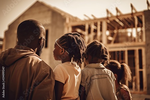 African American family with children looking at their new home. Concept about the acquisition of housing and the construction of a home for the family. Created with generative AI © Barbara