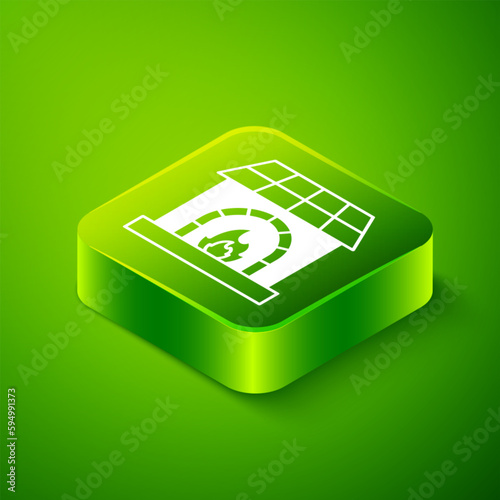 Isometric Blacksmith oven icon isolated on green background. Green square button. Vector