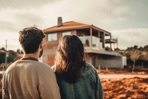 Couple looking at their new home. Concept about the acquisition of housing and the construction of a home for the young couple. Created with generative AI