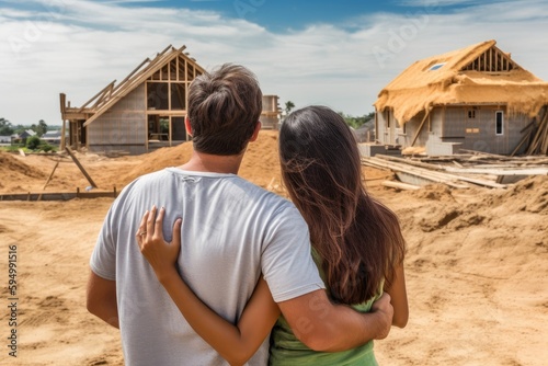 Couple looking at their new home. Concept about the acquisition of housing and the construction of a home for the young couple. Created with generative AI