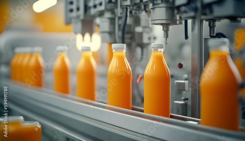 belt or line in fresh orange beverage with modern automated industrial machine equipment  Bottling plant and colorful juice beverage plastic bottle in factory  AI generative