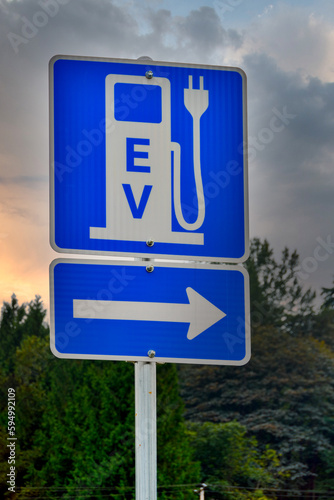 EV charging station road sign on dramatic sky background