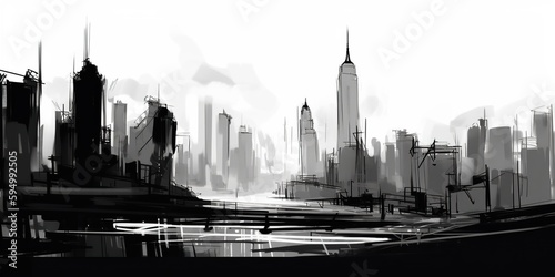 Panorama New York city USA  sketch illustration of skyscrapers  black and white