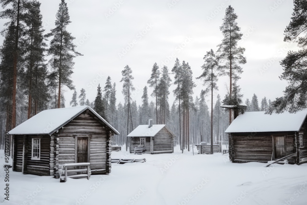 cozy cabin in a winter forest covered in snow. Generative AI cozy cabin in a winter forest covered in snow. Generative AI