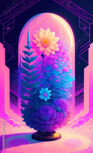 Flowers and plants in biodome on another planet in cyberpunk style created with Generative AI Technology