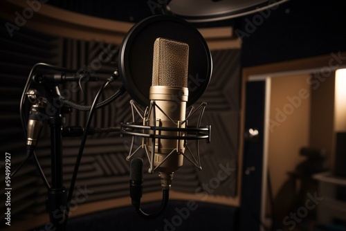 Studio microphone or mic for recording for vocal singer or commercial announcer with shock mount and pop filter on professional tripod in acoustic foam room for best sound and mix. Generative AI photo