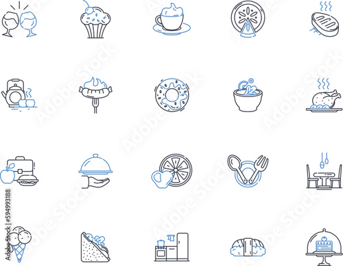 Braising line icons collection. Tenderizing, Caramelizing, Simmering, Aromatics, Searing, Flavorsome, Succulent vector and linear illustration. Slow-cooking,Depth,Infuse outline signs set