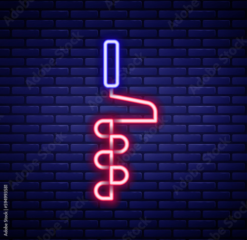Glowing neon line Hand ice drill for winter fishing icon isolated on brick wall background. Colorful outline concept. Vector