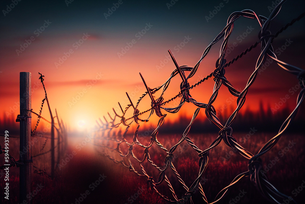 Barbed wire with fence, zone, illustration Generative AI