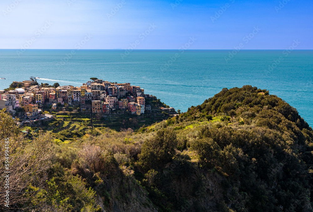 Beautiful view of Corniglia, one of five famous colorful villages of Cinque Terre National Park in Liguria, Italy