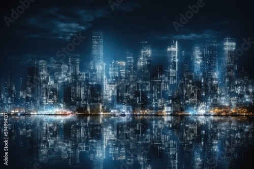 cityscape at nighttime with its reflection on the water surface. Generative AI