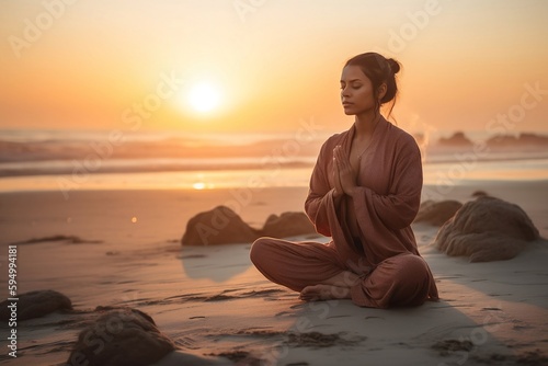 young woman meditating in sunset. Created with Generative AI technology