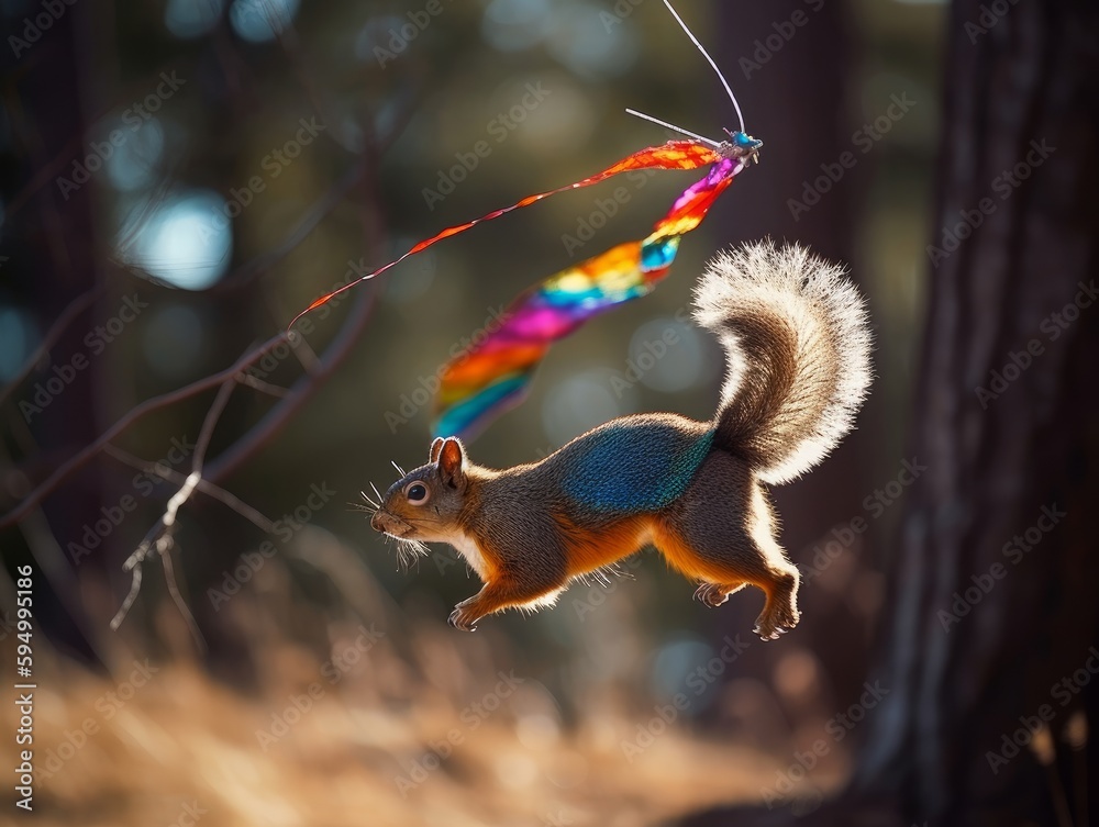 Naklejka premium A squirrel flying a kite