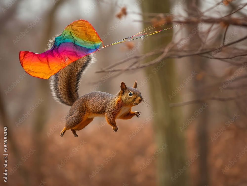 Fototapeta premium A squirrel flying a kite