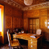 Amber office, wall decoration, table and all items made of real amber, unusual interior design, palace, ai generative