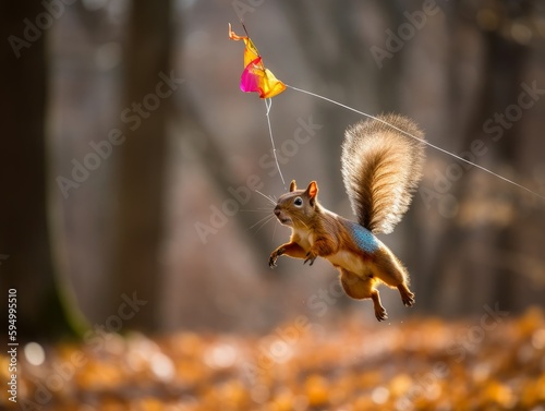 A squirrel flying a kite