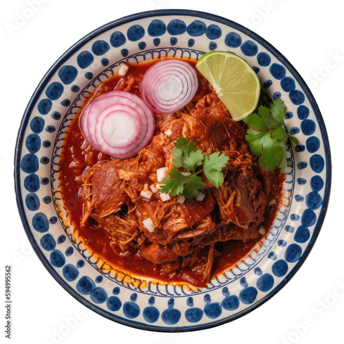 Cochinita Pibil On A White Ornate Round Smooth Plate On Isolated Transparent Background Mexican Food. Generative AI photo