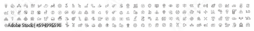 A set of vector icons on the theme of renewable energy, including symbols for solar power, wind turbines, hydroelectric dams, geothermal sources, biomass plants, energy efficiency, electric vehicles, 