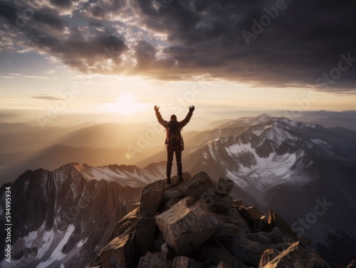 a man celebrates at the top of the mountain.