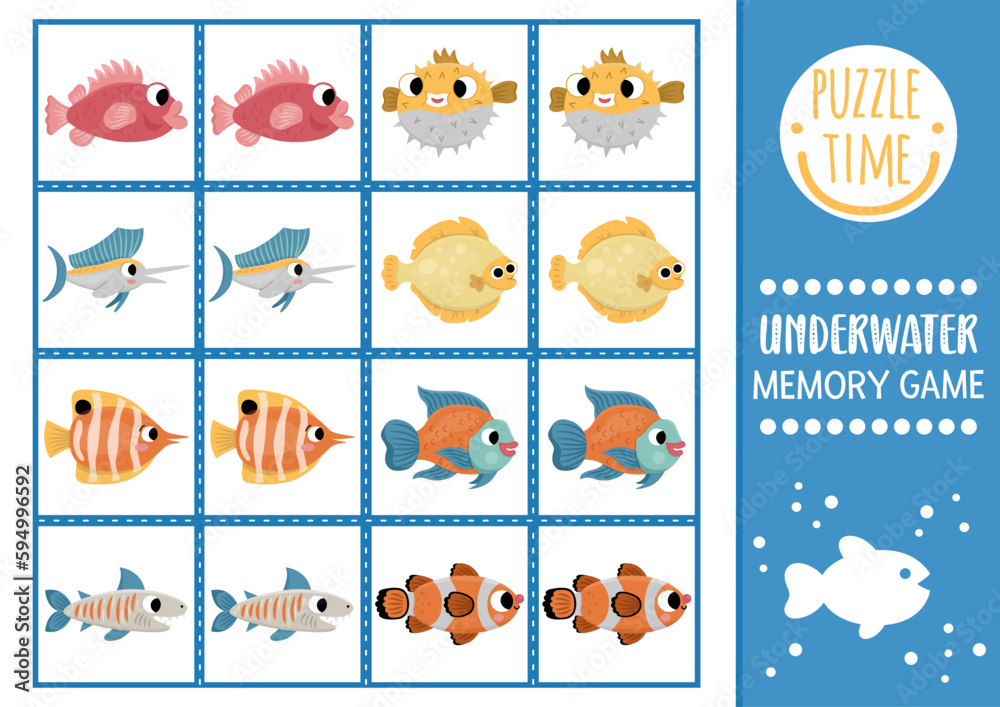 Vector under the sea memory game cards with cute fishes. Ocean life