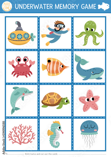 Vector under the sea memory game cards with cute octopus, fish, submarine, dolphin. Ocean life matching activity. Remember and find correct card. Simple printable worksheet for kids