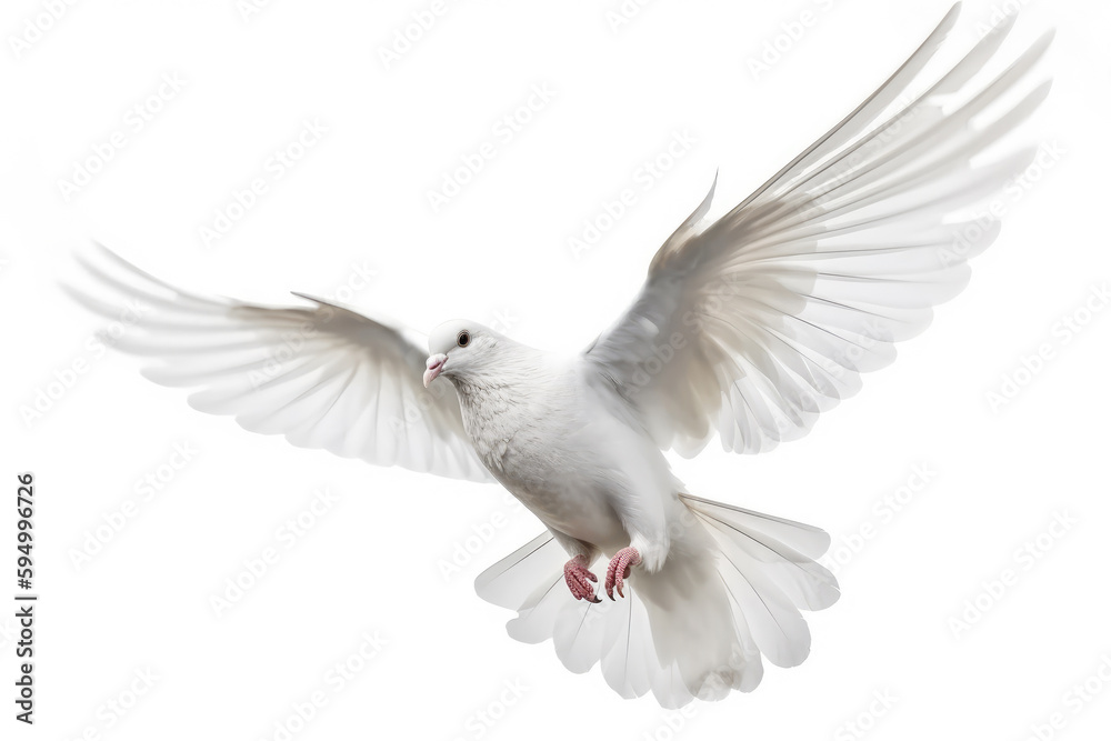 A white dove in flight isolated on a white background Generative AI A white dove in flight isolated on a white background Generative AI