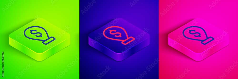Isometric line Cash location pin icon isolated on green, blue and pink background. Pointer and dollar symbol. Money location. Business and investment concept. Square button. Vector Isometric line Cash location pin icon isolated on green, blue and pink background. Pointer and dollar symbol. Money location. Business and investment concept. Square button. Vector