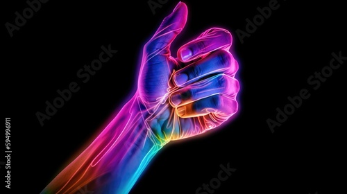 Neon colored thumbs up fist. LGBT Pride Month celebration generative ai