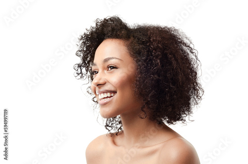 Biracial woman, beauty and happy isolated on a transparent, png background for skincare, dermatology and happiness. Young person or model thinking or vision for natural cosmetics and skin shine