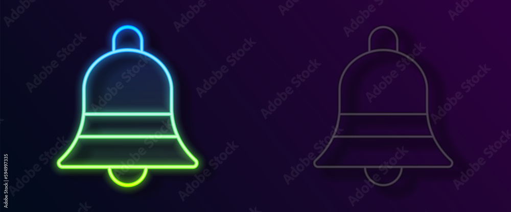 Glowing neon line Ringing bell icon isolated on black background. Alarm symbol, service bell, handbell sign, notification symbol. Vector