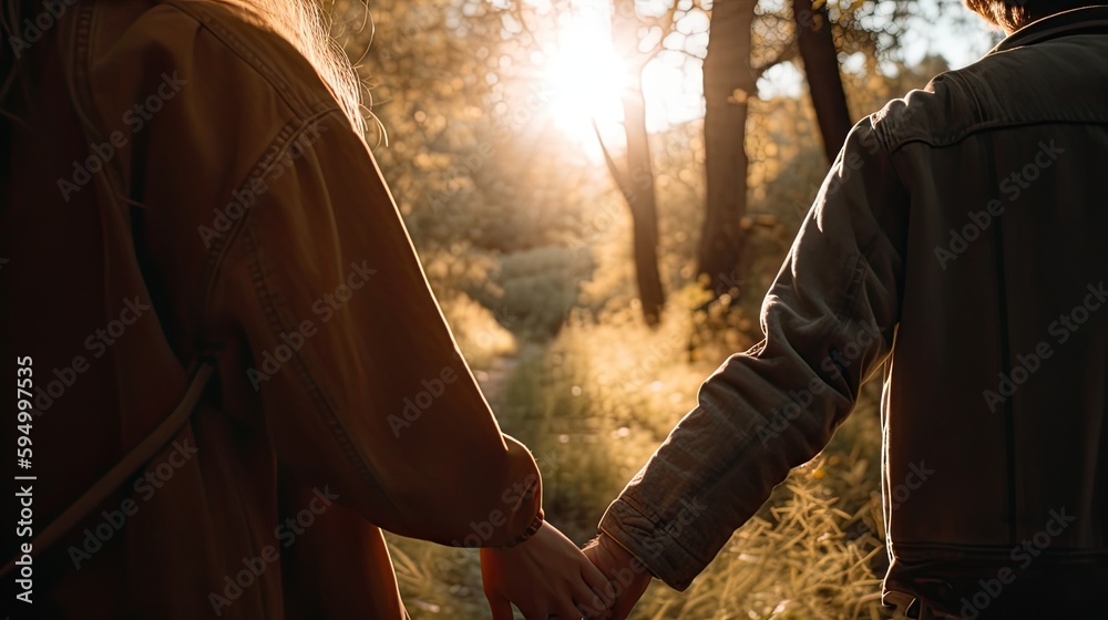Fototapeta premium Two people in love holding hands together as they walk in nature with the sunset in the background, Generative AI