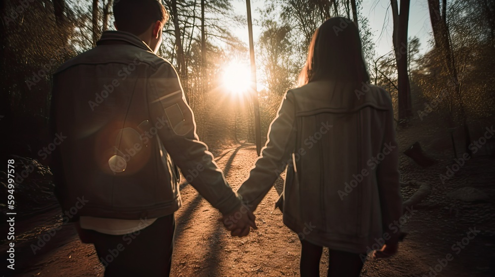 Two people in love holding hands together as they walk in nature with the sunset in the background, Generative AI Two people in love holding hands together as they walk in nature with the sunset in the background, Generative AI