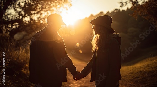 Two people in love holding hands together as they walk in nature with the sunset in the background, Generative AI