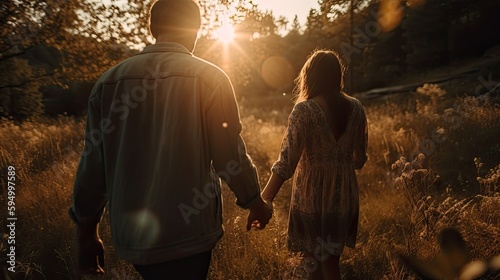 Two people in love holding hands together as they walk in nature with the sunset in the background, Generative AI