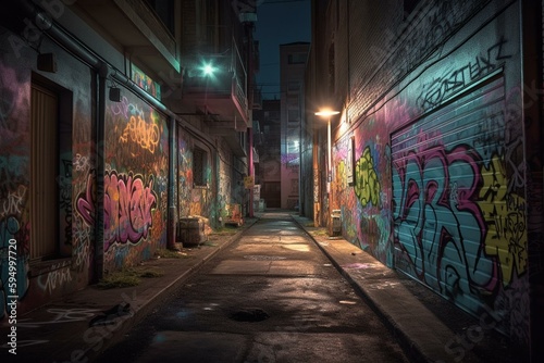 "Graffiti-Covered Urban Alleyway with Dim Lighting" Generative AI
