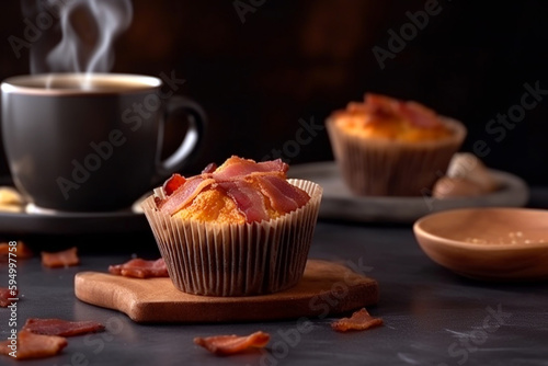 Breakfast bacon muffin served on a table with coffee. Homemade baked muffins with bacon and cinnamon. AI generated image
